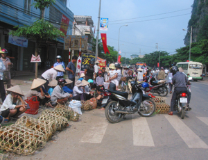 Tình trạng họp chợ lấn đường QL 6 tại ngã ba thị trấn Mường Khến (Tân Lạc).