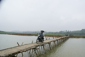 Người dân thôn Vai, xã Thanh Nông, huyện Lạc Thủy qua cầu sang cánh đồng Tam Sơn để sản xuất. 

