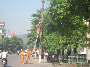 Công nhân Điện lực thành phố Hòa Bình kiểm tra, xử lý nhân tố gây mất an toàn lưới điện.