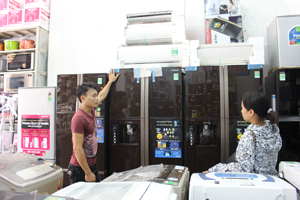 Nhân viên bán hàng tại cửa hàng Điện máy Tuấn Hoa, phường Phương Lâm (TPHB) tư vấn khách hàng lựa chọn sản phẩm làm mát mùa hè tiết kiệm điện.