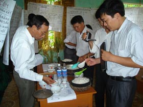 Các đại biểu kiểm tra, đánh giá chất lượng gạo do lớp nông hộ sản xuất.