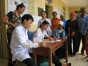 Cán bộ Bệnh viện đa khoa huyện Cao Phong khám bệnh và cấp thuốc miễn phí cho người có công trên địa bàn 2 xã Xuân Phong và Đông Phong.