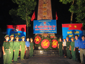 Đại diện các đơn vị dâng hoa tại Đài tưởng niệm Nghĩa trang liệt sĩ huyện Lương Sơn.